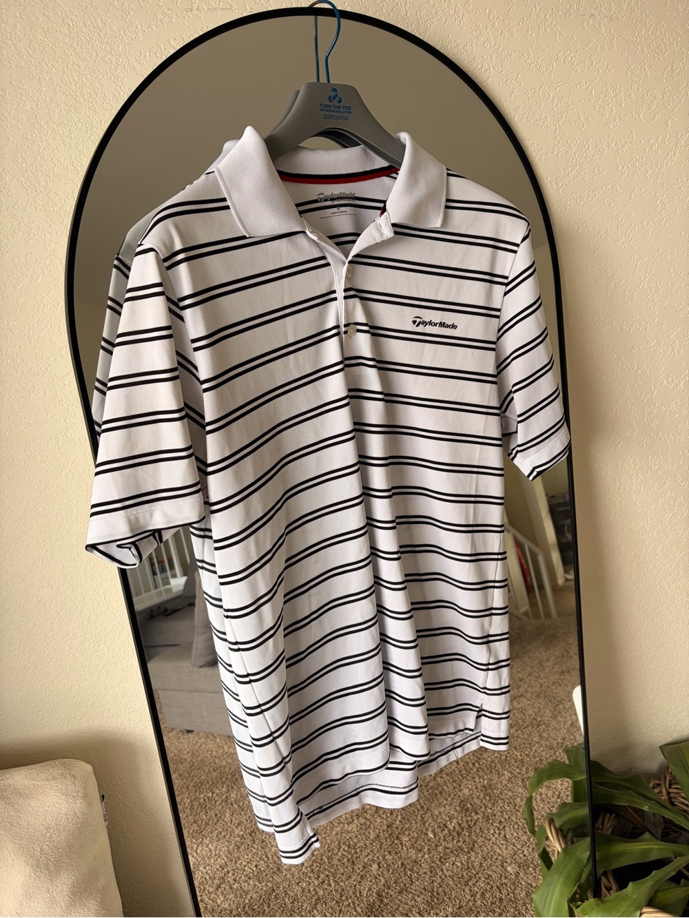 TaylorMade White Polo with Black Horizontal Stripes